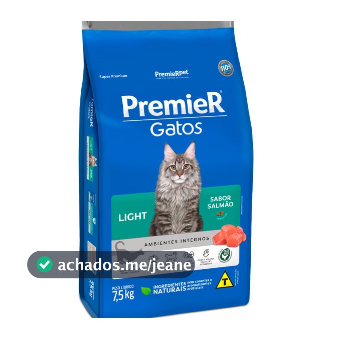 Ração Premier Ambientes Internos Light para Gatos Adultos Sabor Salmão 7,5Kg