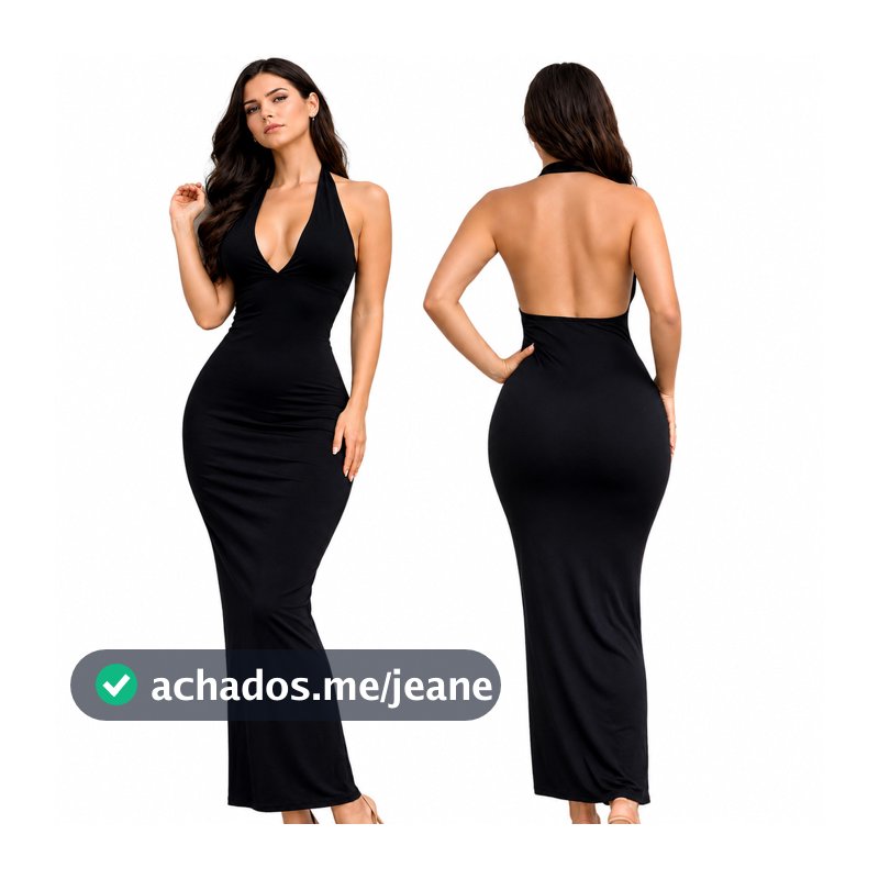 Vestido Feminino Longo Suplex Gringo com Costas Abertas e Decote V Elegante