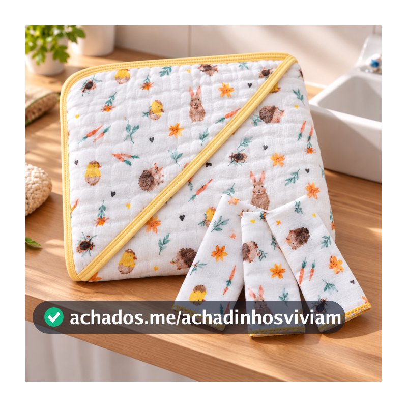 Kit 1 Toalha Banho Soft Bebe Capuz Fralda Grossa + 3 paninhos boca 100% Algodão Menino Menina
