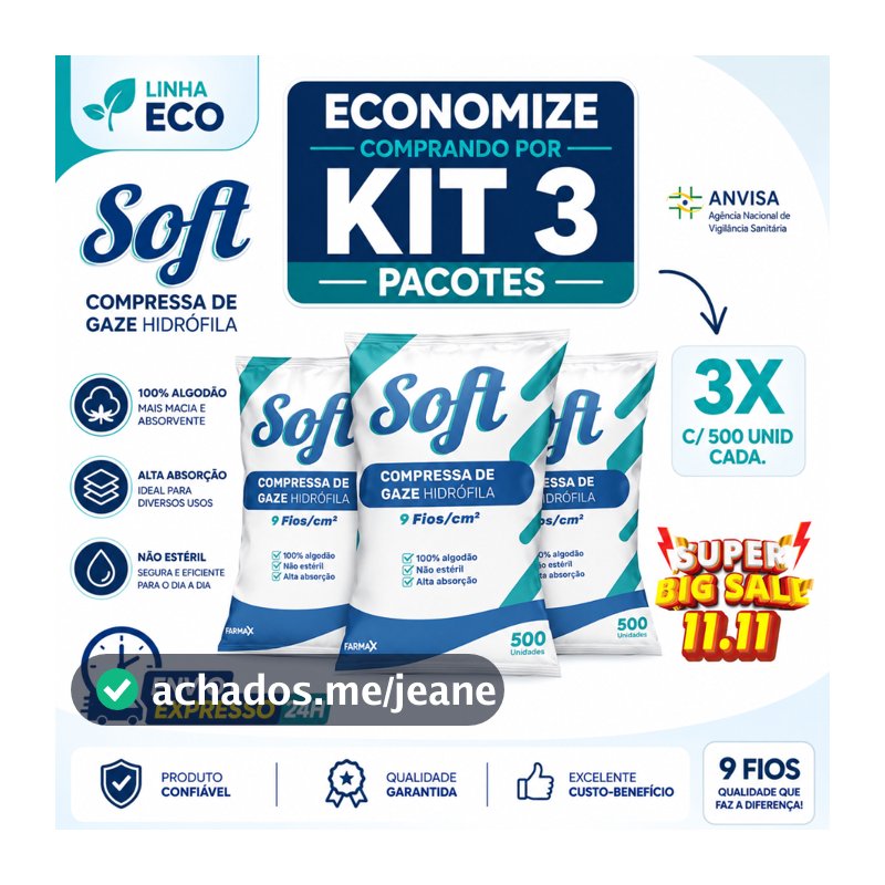 Kit 3 Compressa De Gaze 9 Fios 1500 Unidades Soft Hidrófila Gazes Descartável Anvisa