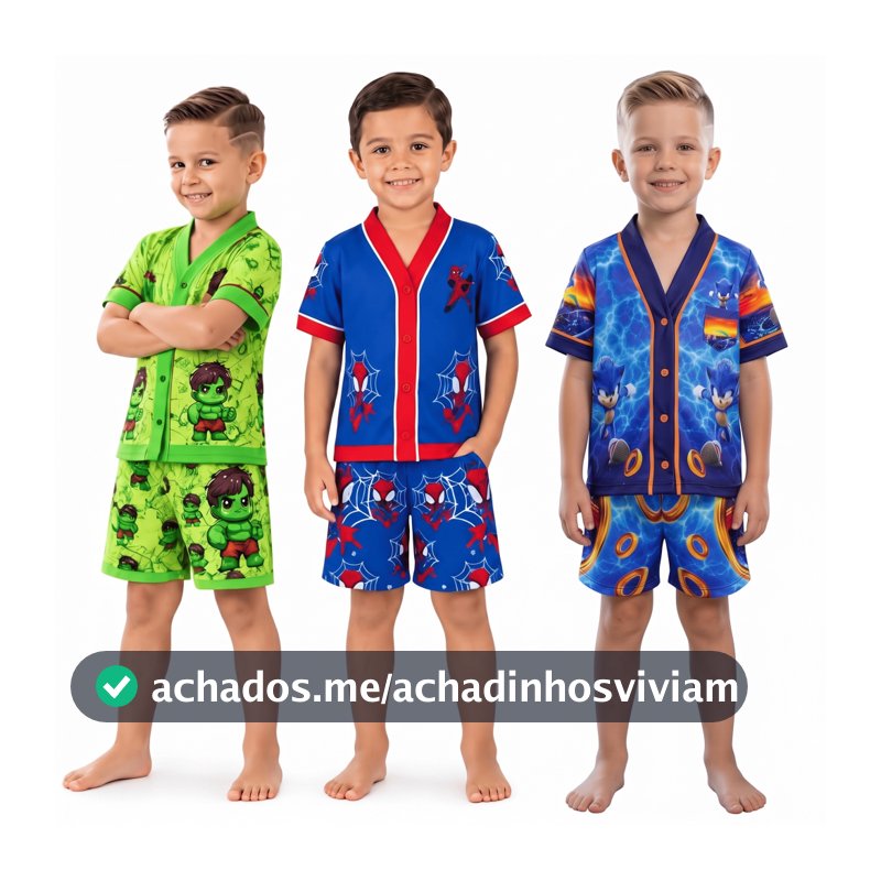Pijama Infantil Menino Americano 3D Homem Aranha Hulk Sonic Manga Curta Short Verão Soft Suede 1 a 10 Anos