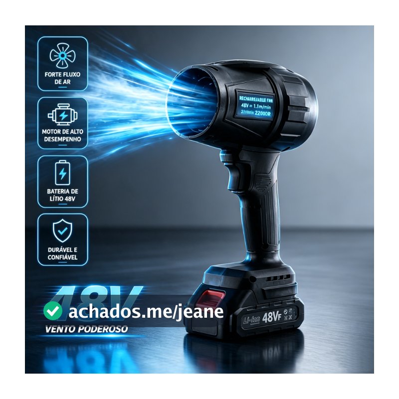 Soprador Turbo Portátil Recarregável 48V Preto, Conjunto Completo com Bateria Dupla e Caixa de Papelão