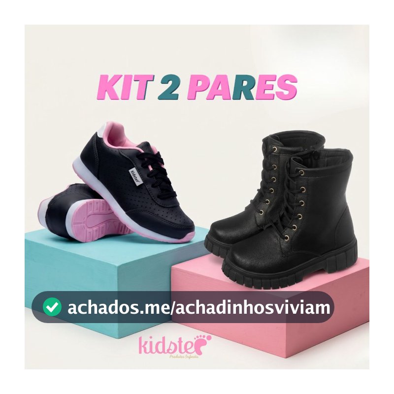 Kit 2 Pares Tênis Infantil Feminino Escolar Preto e Coturno Preto Kidstep
