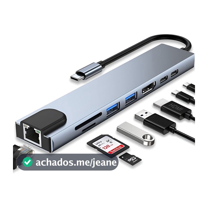 Hub USB-C 8 em 1 USB 2.0/3.0 HDMI 4K RJ45 Rede SD TF Docking Station Extensão Alta Velocidade
