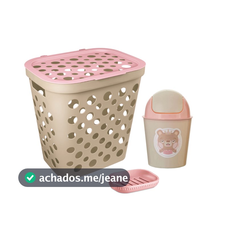 Kit Cesto de Roupa 30L, Lixeira 3L e Saboneteira com Escorredor Para Bebês Menina Linha Baby