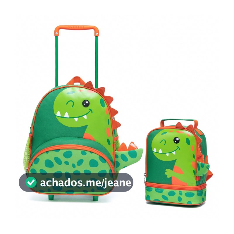 Kit Pré Escola Mochila Spector Rodinhas Lancheira Espaçosa Dinossauro Reforçada