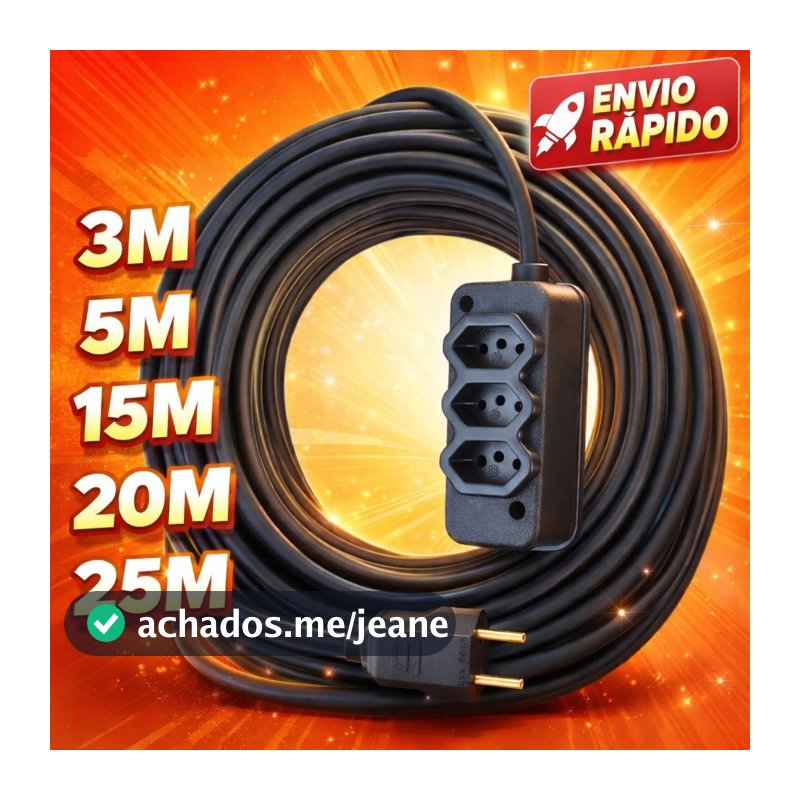 Extensão Elétrica CABO PP 2x2.5mm 20A/10A Resistente - 5/10/15/20/25 (METROS)