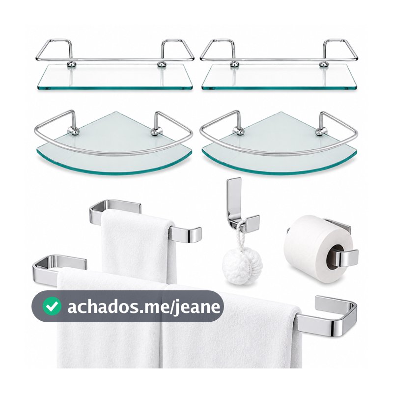 Kit Acessórios Banheiro Inox 4 Peças Cromado+Porta Shampoo Prateleira Organizador Vidro Reto e Canto