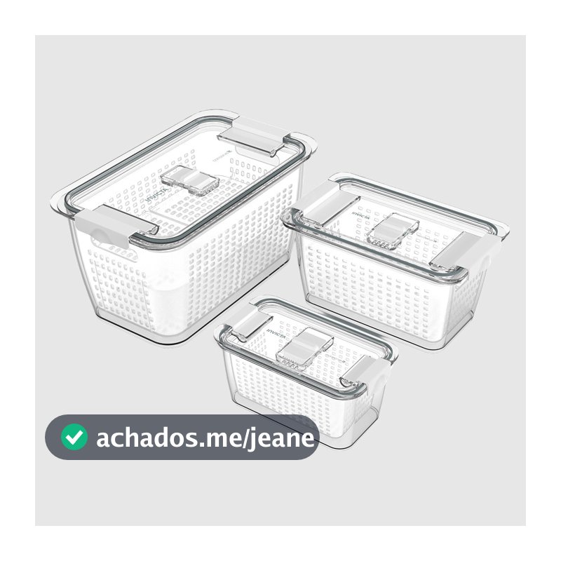 Kit com 3 Potes Organizadores de Geladeira Conserve It com Cesto Branco Invicta