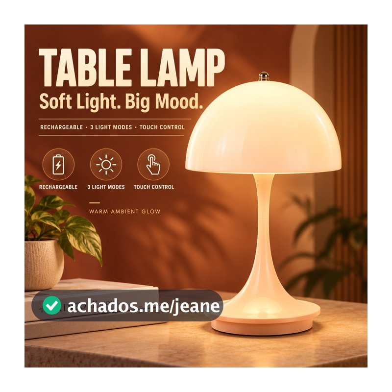 Luminária de Mesa Cogumelo LED Recarregável com Controle Touch e 3 Cores de Luz Ajustáveis