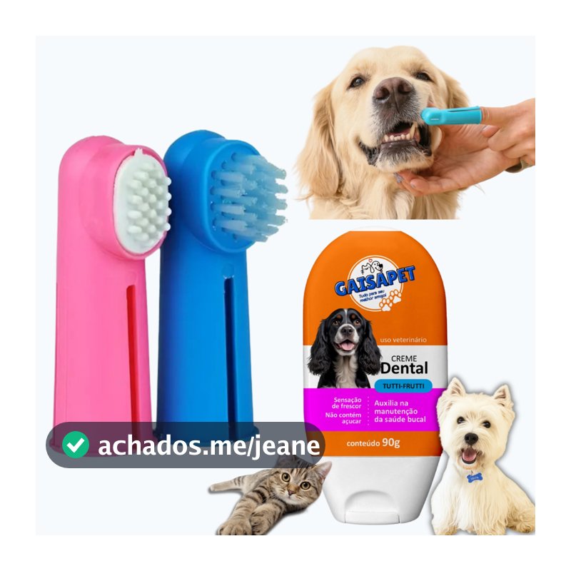 Kit Higiene Bucal Pet 2 Dedeiras + 1 Gel Dental auxilia o combate ao Mau Hálito de Cachorro Escova de dente Cãos e Gatos