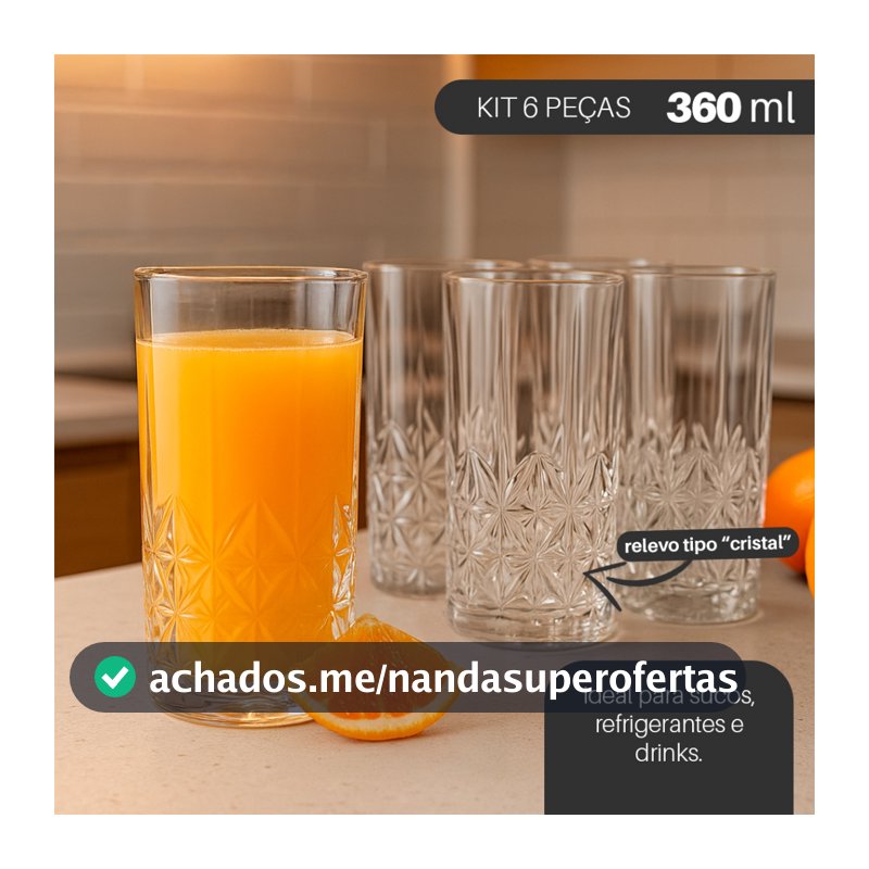Jogo 6 Copos de Vidro Adhara 360ml – Design em Relevo Estilo Cristal