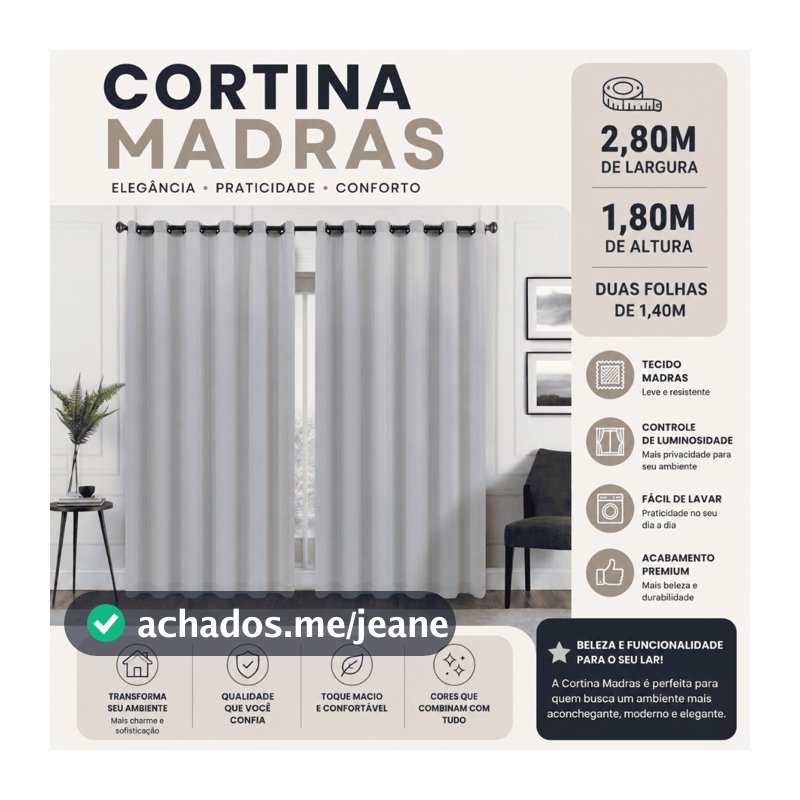 Cortina 1,80 X 2,80 Janela ou Porta Sala Quarto Ilhós Argola Tecido Madras Elegante Luxo
