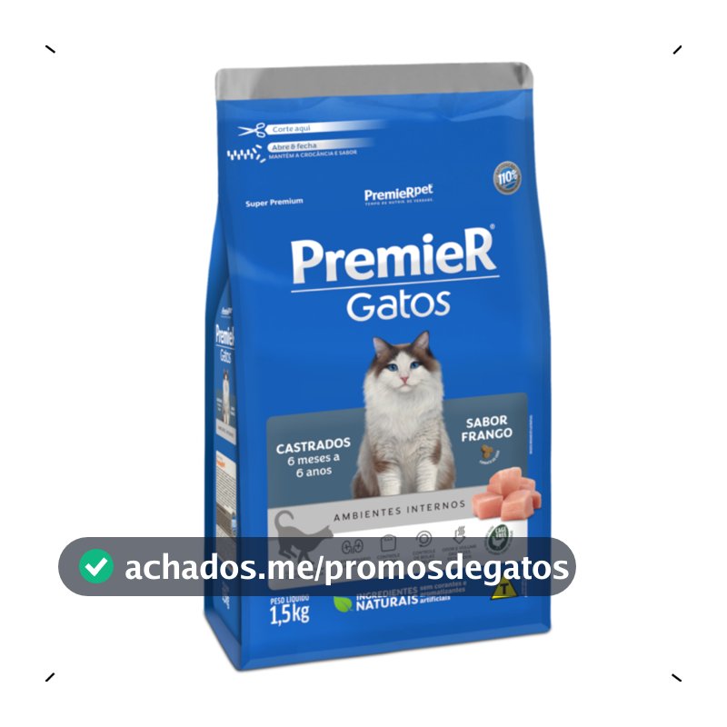 RAÇÃO PREMIER AMBIENTES INTERNOS GATO CASTRADO FRANGO 7,5KG