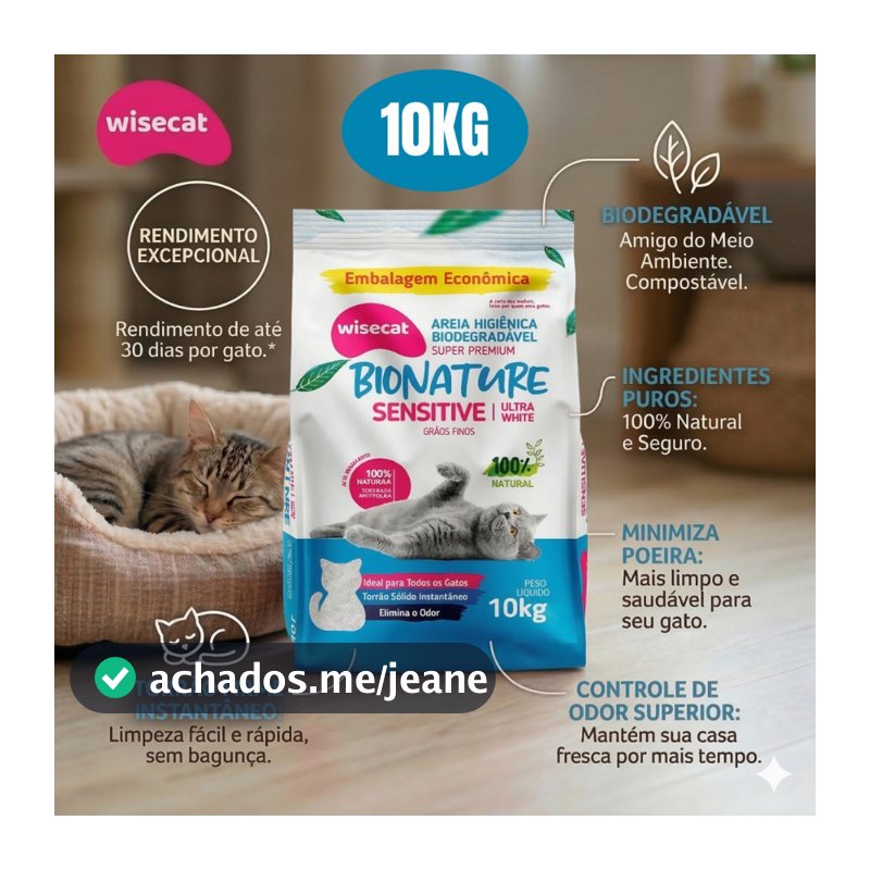 Areia Biodegradável Bionature Wisecat  10kg - Super Premium Sensitive Grãos Finos