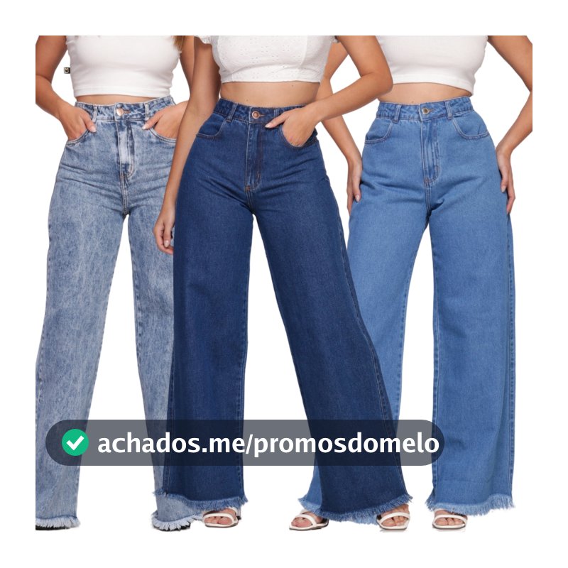 Calça Jeans Feminina Cintura Alta Wide Leg Com Bolso