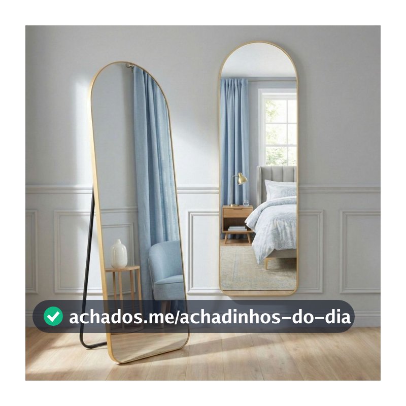 Espelho de Chão para Blogueira 1,46x36cm Corpo Inteiro Oval Dourado Arqueado Curvo Casamento