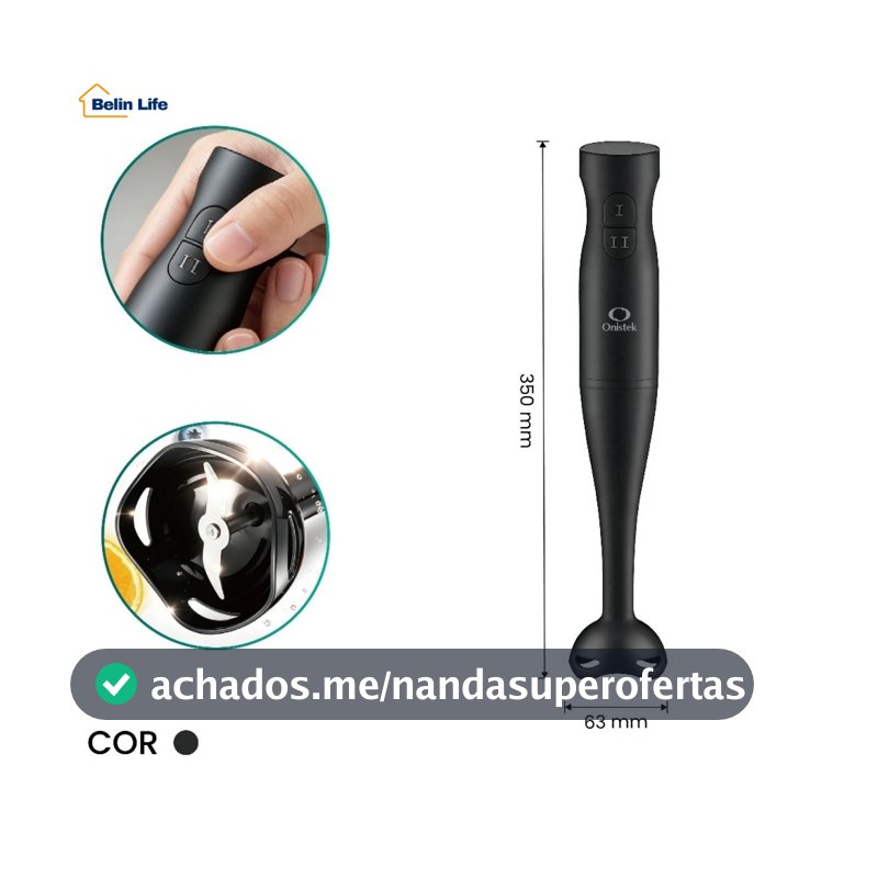 Mixer de Mão Elétrico 200W 2 Velocidades Lâmina Inox 304 Prático para Cozinha Preto
