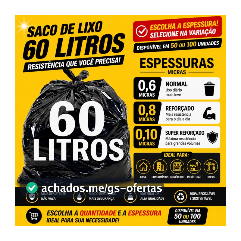 Saco de lixo 60 Litros preto reforçado resistente direto da fábrica