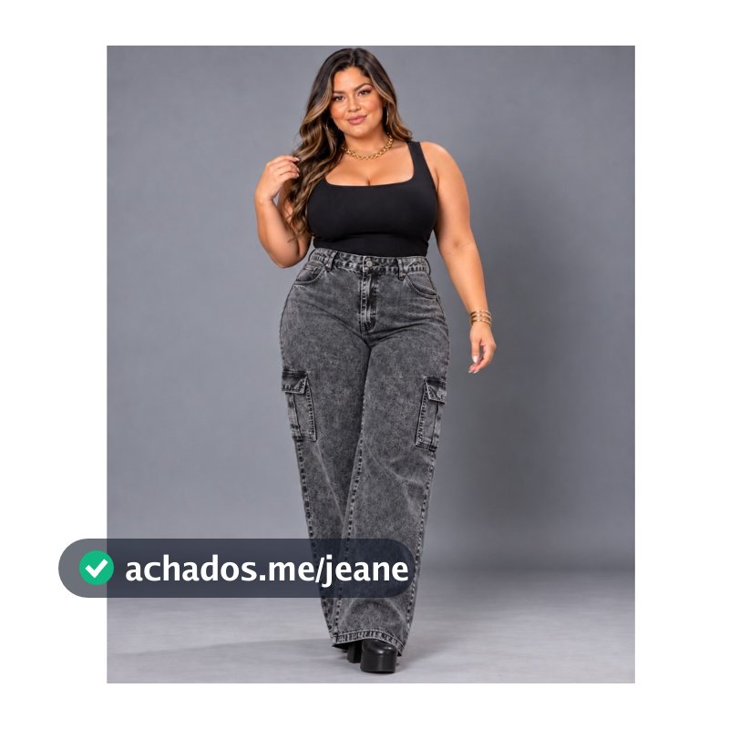 Calça Jeans Plus Size  Wide Leg Cargo Feminina Premium Sem Lycra