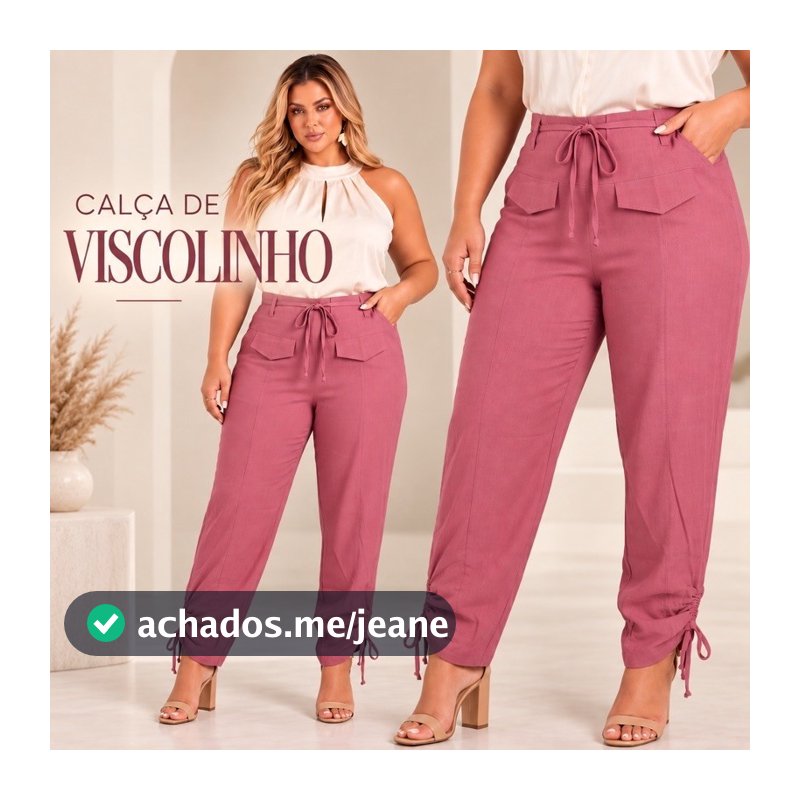 Calça Feminina de Viscolinho Plus Size Cintura Alta com Bolsos e Amarração na Barra