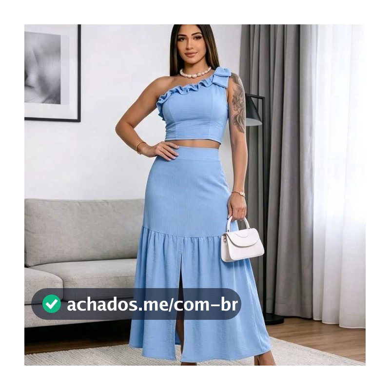 CONJUNTO SAIA LONGO E CROPPED COM BOJO LAÇO NO OMBRO E ELASTEX NAS COSTAS TECIDO DUNA MODA FEMININA