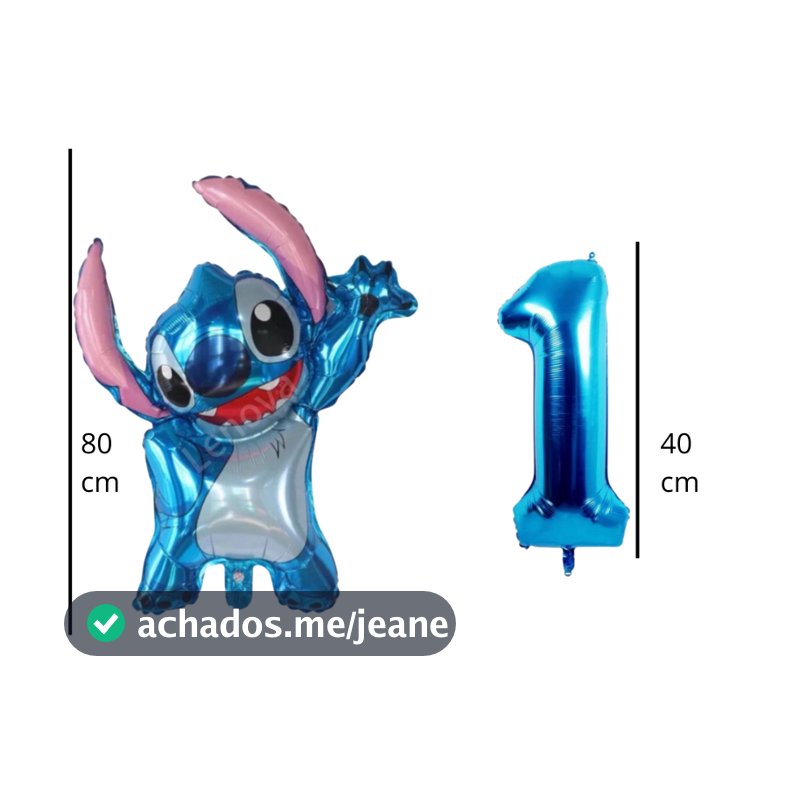 Kit 1 Stitch Azul Balão Metalizado 80 cm + 1 OU 2 Números Azul para Festa de Aniversário