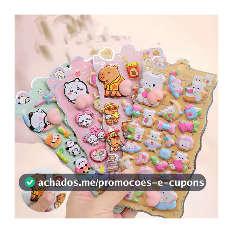 Cartela de adesivos 3D Squishy de Bumbum Anti-stress Kawai Adesivo Capivara Coelho Panda Gatinho Unicórnio
