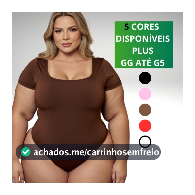 Body Feminino Plus Size GG a G5 Manga Curta Decote Quadrado Forro Duplo Tendência Basico Blusa