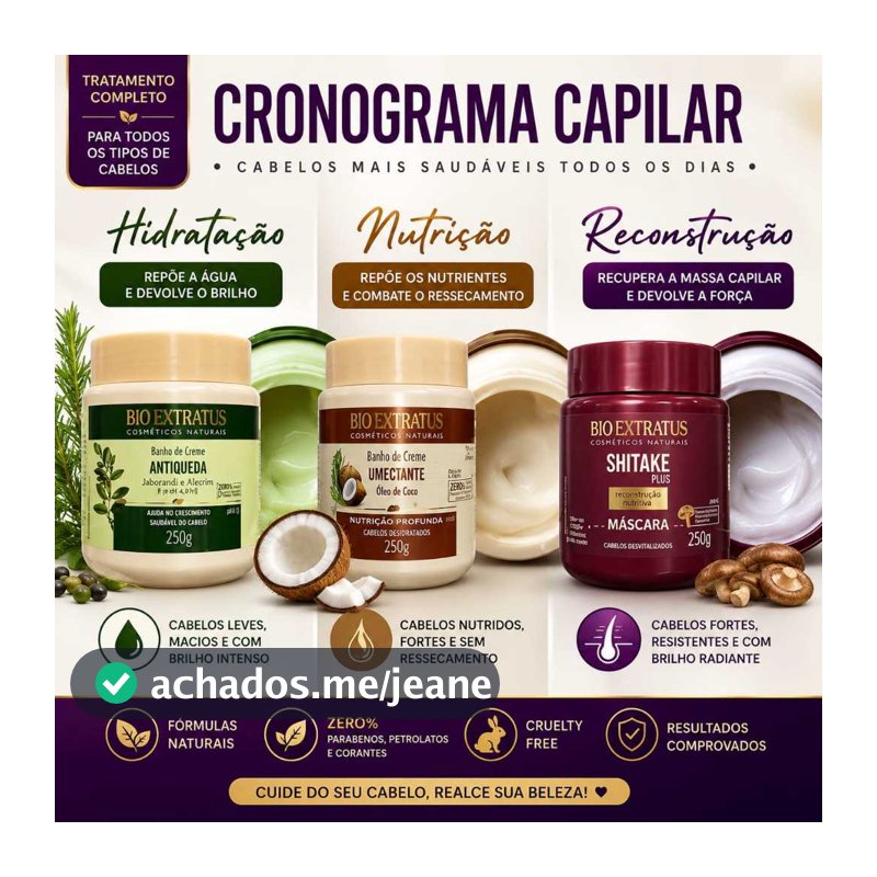 Kit Cronograma Capilar Bio Extratus Máscara Shitake 250g, Banho creme Umectante 250g Antiqueda 250g