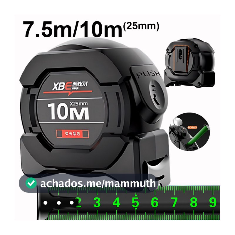 Fita Métrica Fluorescente Aço Carbono 10M/7.5m Autotravante- Trena Precisão c/Trava p/ Construção/Reforma