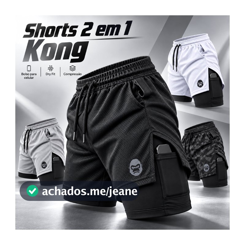 Shorts Masculino 2 em 1 Dry Fit Academia Corrida Bermuda de Compressão com Bolso Celular Kong