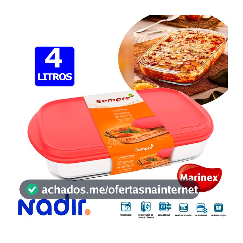 Assadeira de Vidro com Tampa Retangular Forma 4 litros Lasanheira Grande travessa de vidro sempre