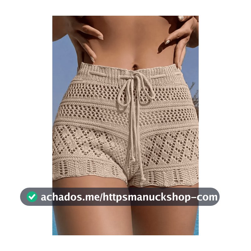 Shorts Saída de Praia Feminino  Tricot Cos Alto Cordão Transpassado Moda Verão