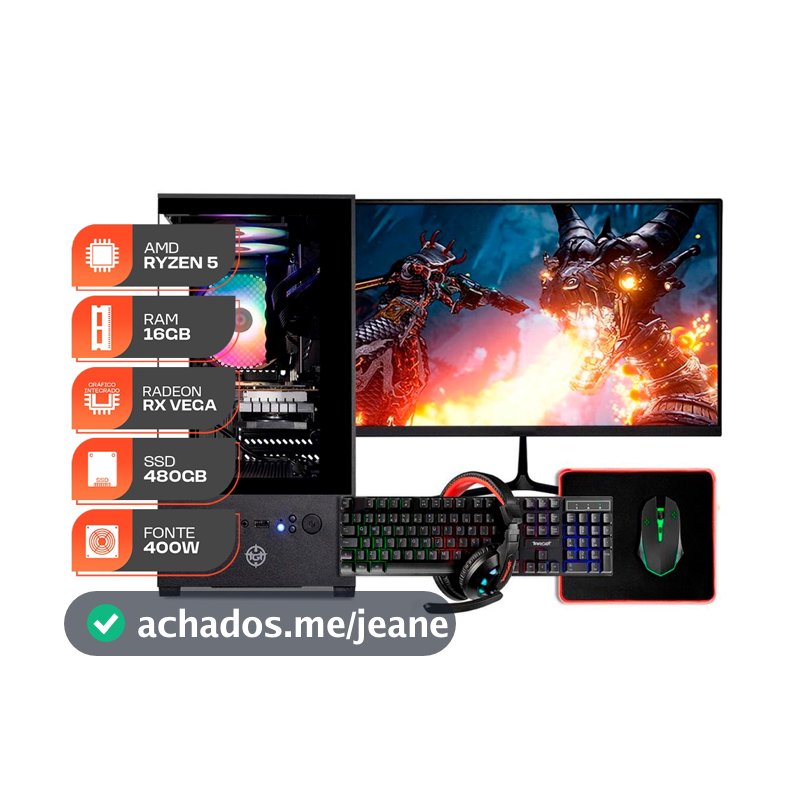 PC Gamer Forge, AMD RYZEN 5 3400G, 16GB DDR4, SSD 480GB, 400W 80 Plus, Completo com Monitor 21 e Periféricos