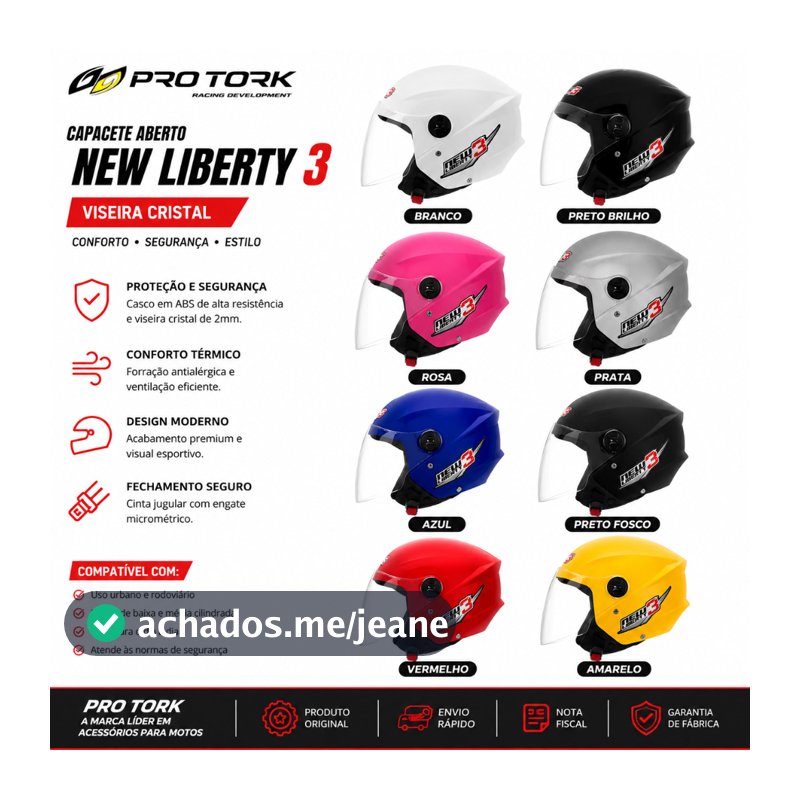 Capacete Moto Pro Tork Aberto New Liberty 3 Viseira Cristal Diversas Cores