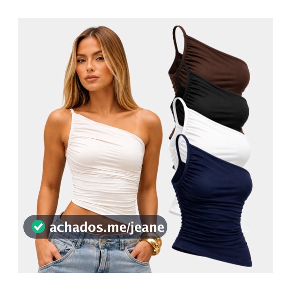 Blusa Feminina Regata de Alça Fina Manga Única Plissada Drapeada Suplex Duplo Blogueira Tendencia