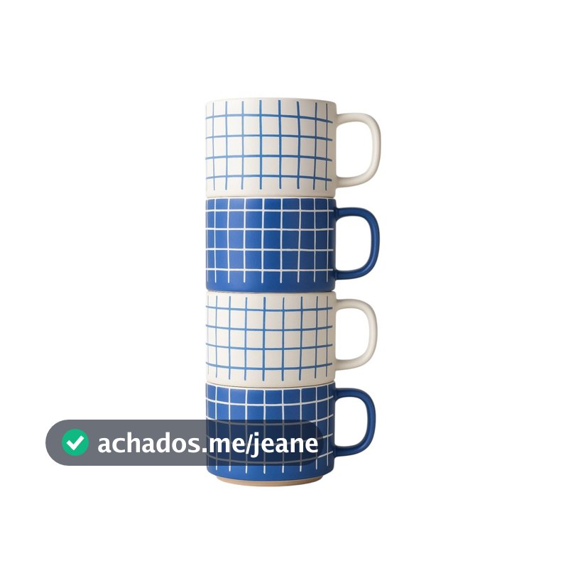 4 Canecas de Cerâmica Quadriculada 430ml Empilhável Premium