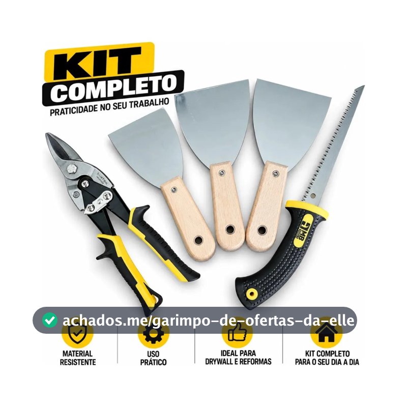 Kit Gesseiro Drywall 5 Pçs Serrote Tesoura Espátulas Inox 7,5 10 12.5cm Cabo Emborrachado Gesso