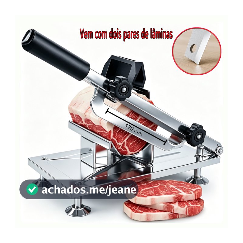 Fatiador Cortador Manual Aço Inox + 2 lâminas de 17 cm De Cortar Fatiar Carne Congelada Frios