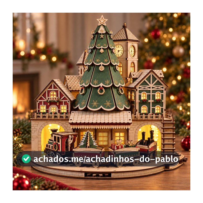 VILA DE NATAL COM ENGRENAGEM QUE RODA O TREM CENÁRIO VILA NATALINA COM PAPAI NOEL E ÁRVORE DE NATAL EM MDF 3mm 1ºLINHA