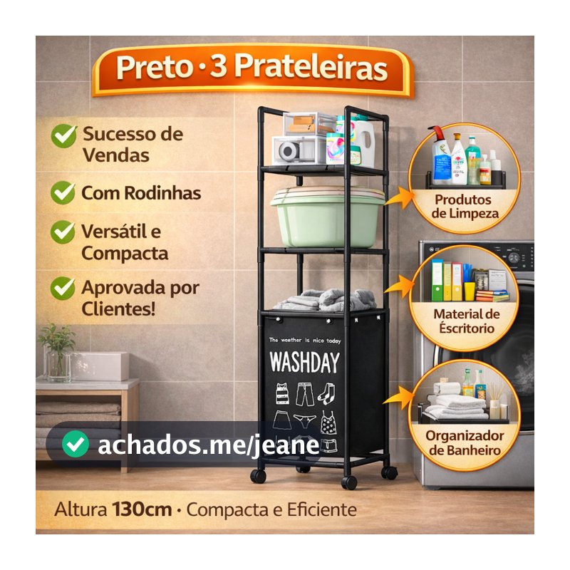 Estante Organizadora com Cesto de Roupa Suja e Rodas – Carrinho para Lavanderia 1, 2 ou 3 Andares