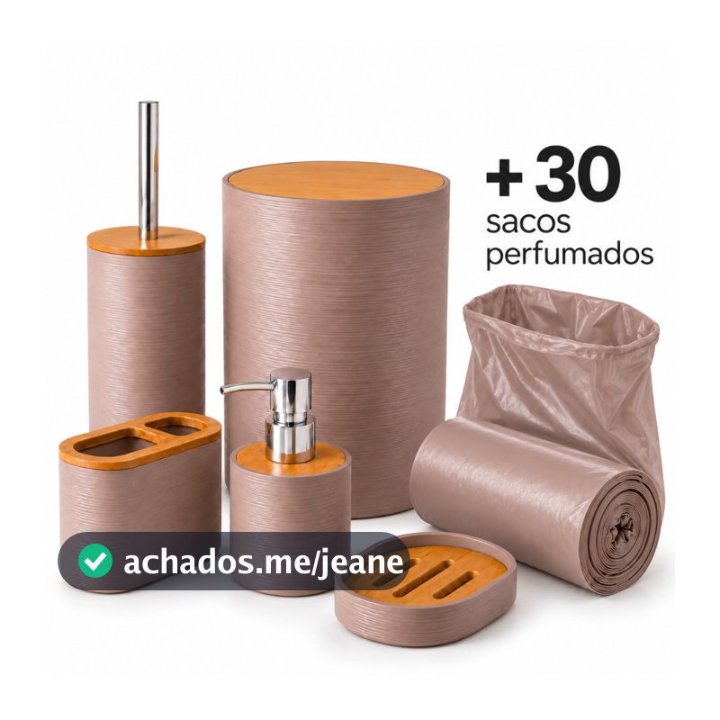 Kit Banheiro Acessórios 6 Peças Lixeira Banheiro Bambu Sabonete Porta Sabonete Líquido Dispenser Escova Sanitária