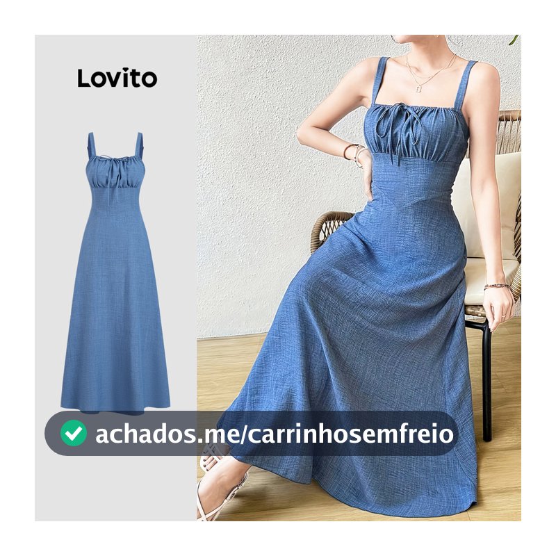 Lovito Longo Vestido Azul Feminino Estilo Resort com Amarração Primavera/Verão Bordado LK4LD384