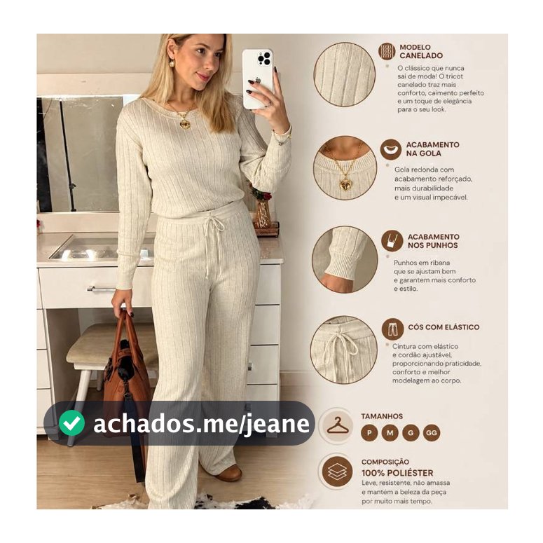 Conjunto Feminino de Tricot Modelo Canelado Blusa Calça Pantalona com Cordão Do P ao Plus size em Malha Canelada