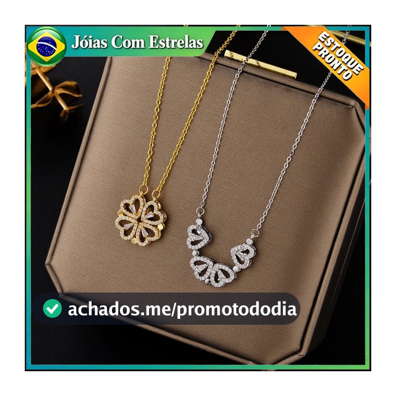 Colar Com Zircônias 2 Em 1 Formato Trevo E Formato Corações Colar Em Aço Titânio Não Desbota
