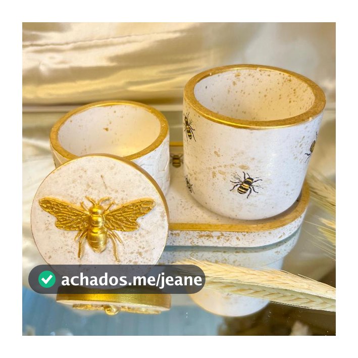 Kit 3 peças- Bandeja oval + 2 potinhos com tema de abelha e detalhes dourado/ Porta joias e objetos