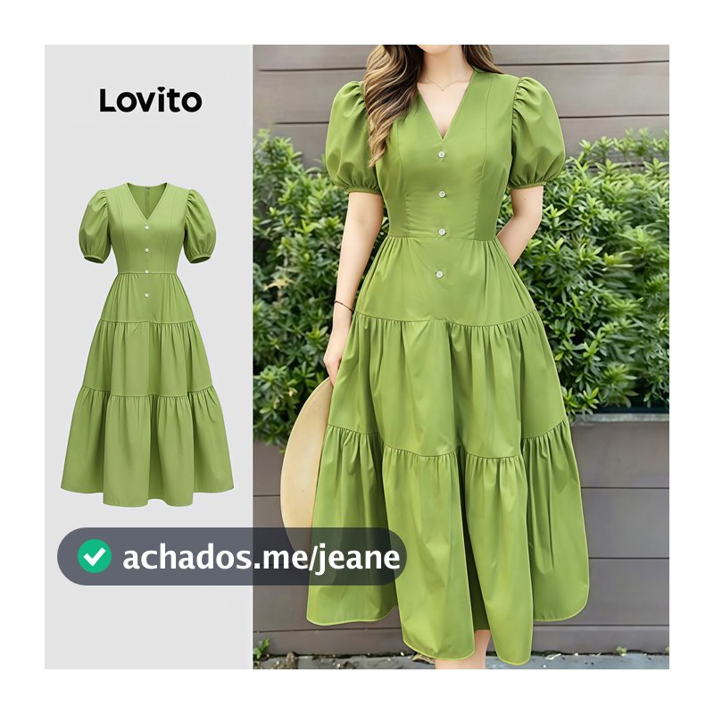 Lovito Elegante Vestido Longo Linha Estrutura Lazer Simples Primavera/verão Verde para Mulheres LK4ED1552