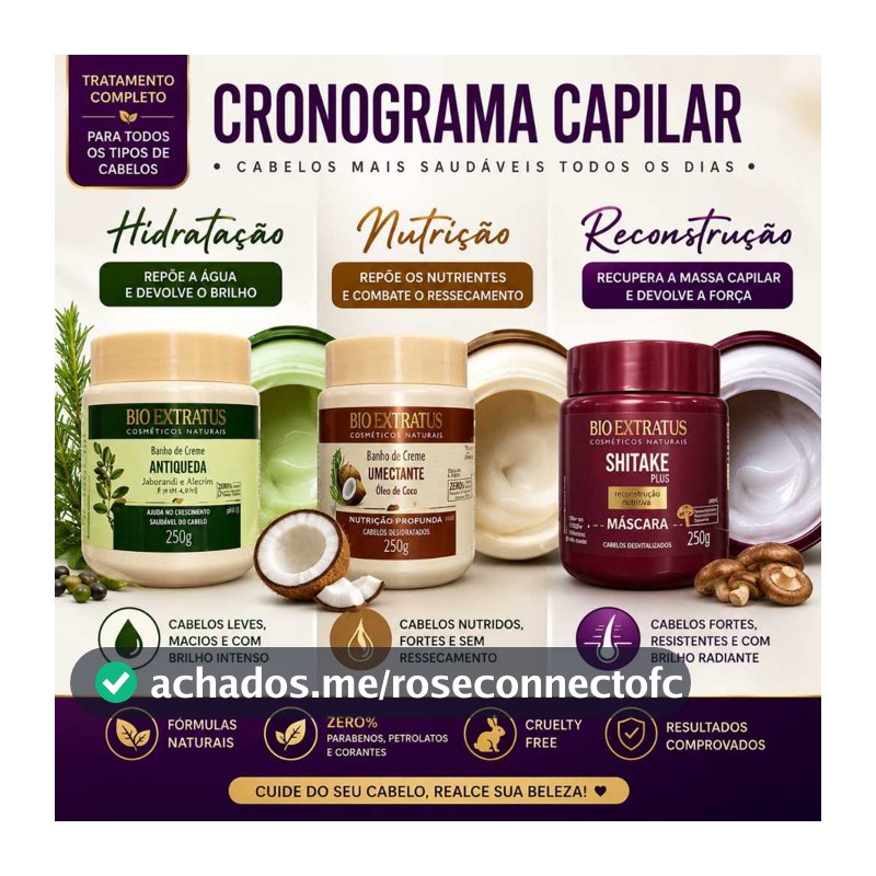 Kit Cronograma Capilar Bio Extratus Máscara Shitake 250g, Banho creme Umectante 250g Antiqueda 250g