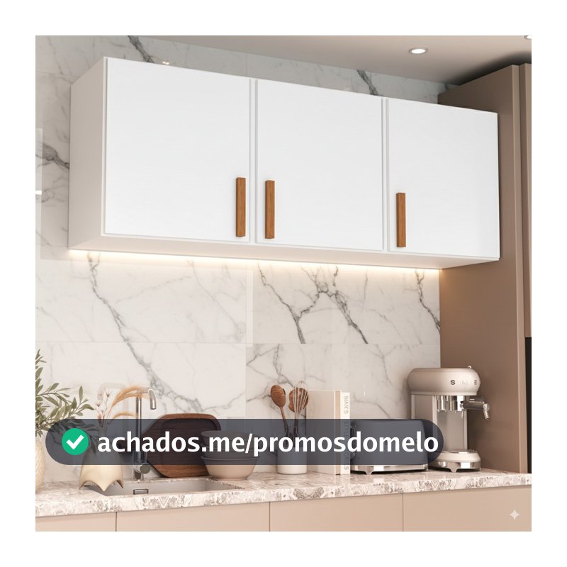 Armário Aéreo Medusa 3 Portas 120cm Cozinha Lavanderia Preto Puxador Amadeirado